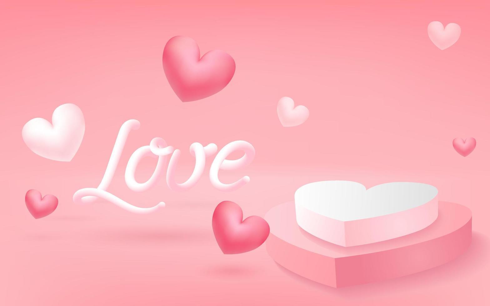 Valentines day pink background with 3d balloon hearts. Realistic 3d love design. Podium stage in heart shape. Romantic lettering. Vector illustration for website, posters, ads, coupons, promotion.