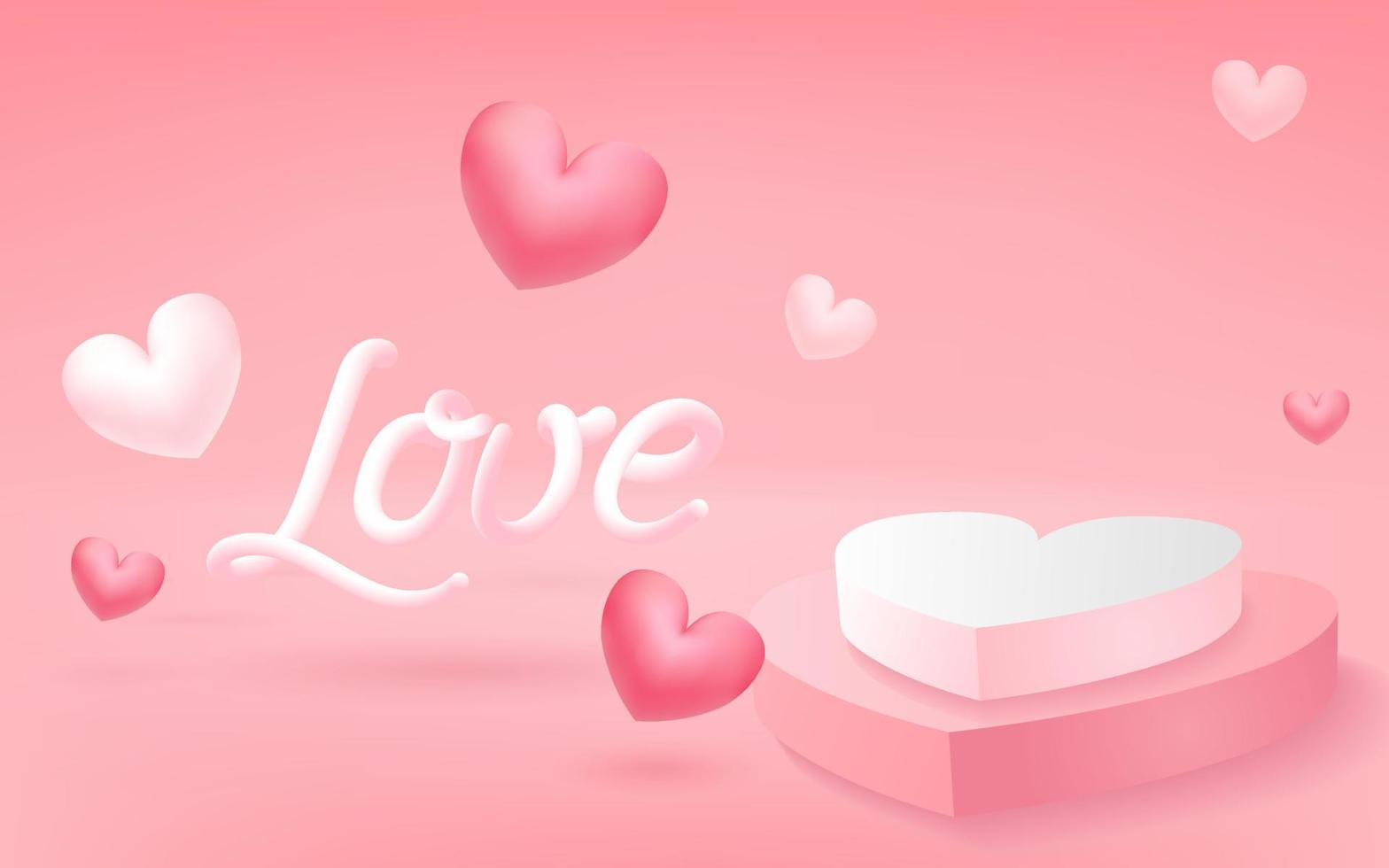 fondo rosa del día de san valentín con corazones de globo 3d. diseño de amor 3d realista. escenario de podio en forma de corazón. letras románticas. ilustración vectorial para sitio web, carteles, anuncios, cupones, promoción. vector