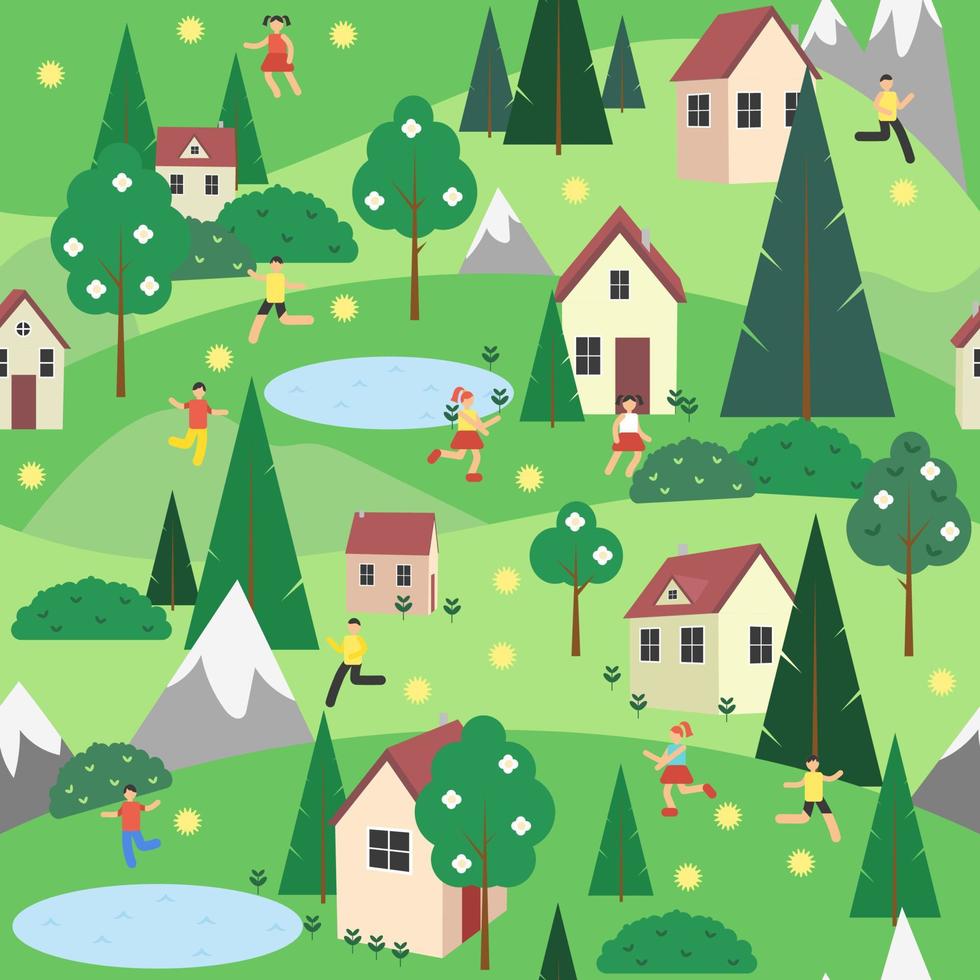 vacaciones de patrones sin fisuras en el campo. temporada de primavera paisaje al aire libre hierba verde casas acogedoras, personas y árboles florecientes. niños jugando. flores y jardineria. ilustración vectorial vector