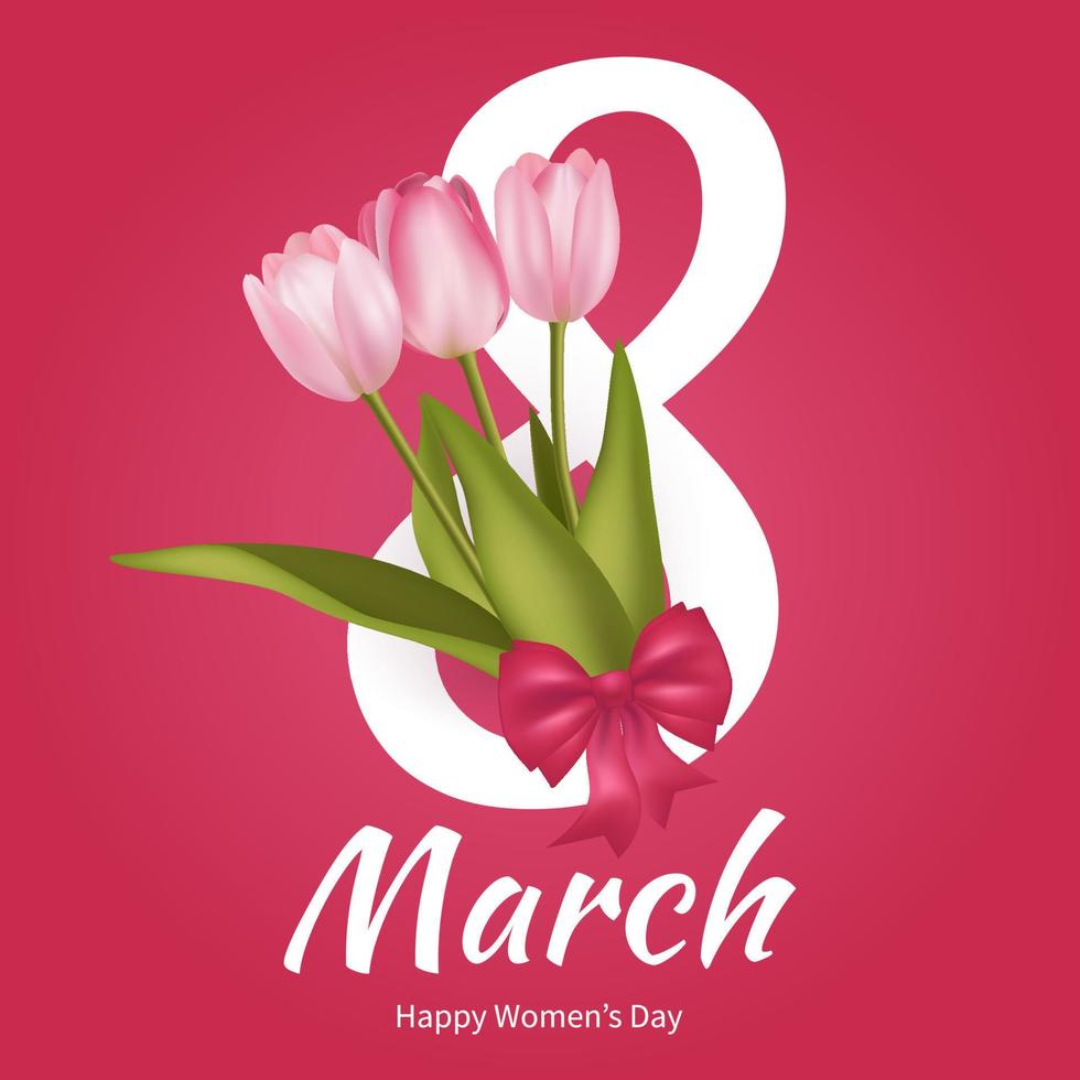 8 March greeting banner with pink realistic tulip flower bouquet background. Poster, flyer, greeting card, website header vector Illustration. Template for advertising, web, social media red pink.