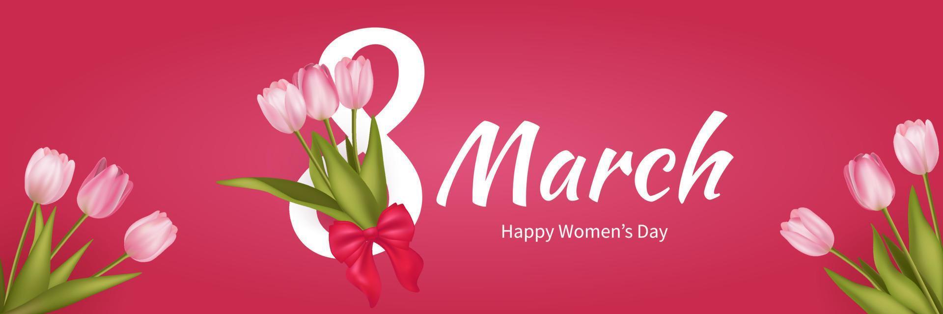 Banner de saludo del 8 de marzo con fondo de ramo de flores de tulipán rosa realista. cartel, volante, tarjeta de felicitación, ilustración de vector de encabezado de sitio web. plantilla para publicidad, web, redes sociales rosa roja.