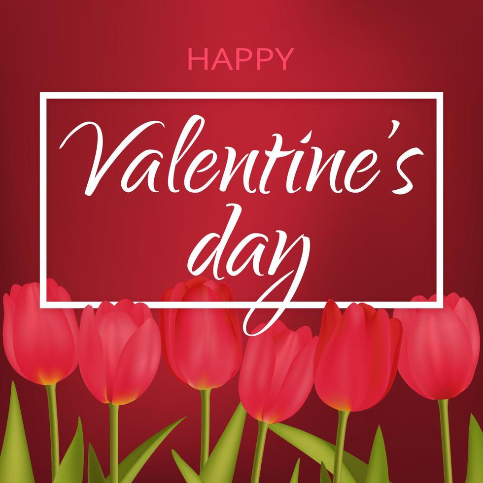 Valentines day sale red romantic background with 3d realistic flowers,  red tulips template. Realistic 3d design. Vector illustration. For wallpaper, flyer, invitation, poster, brochure, banner.