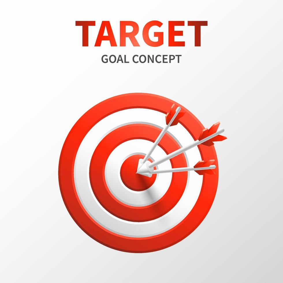 Marketing success concept. Targeting the business. Realistic 3d design red target and arrow in center. Game of darts. Vector social media banner design. Business finance, goal, target achievement.