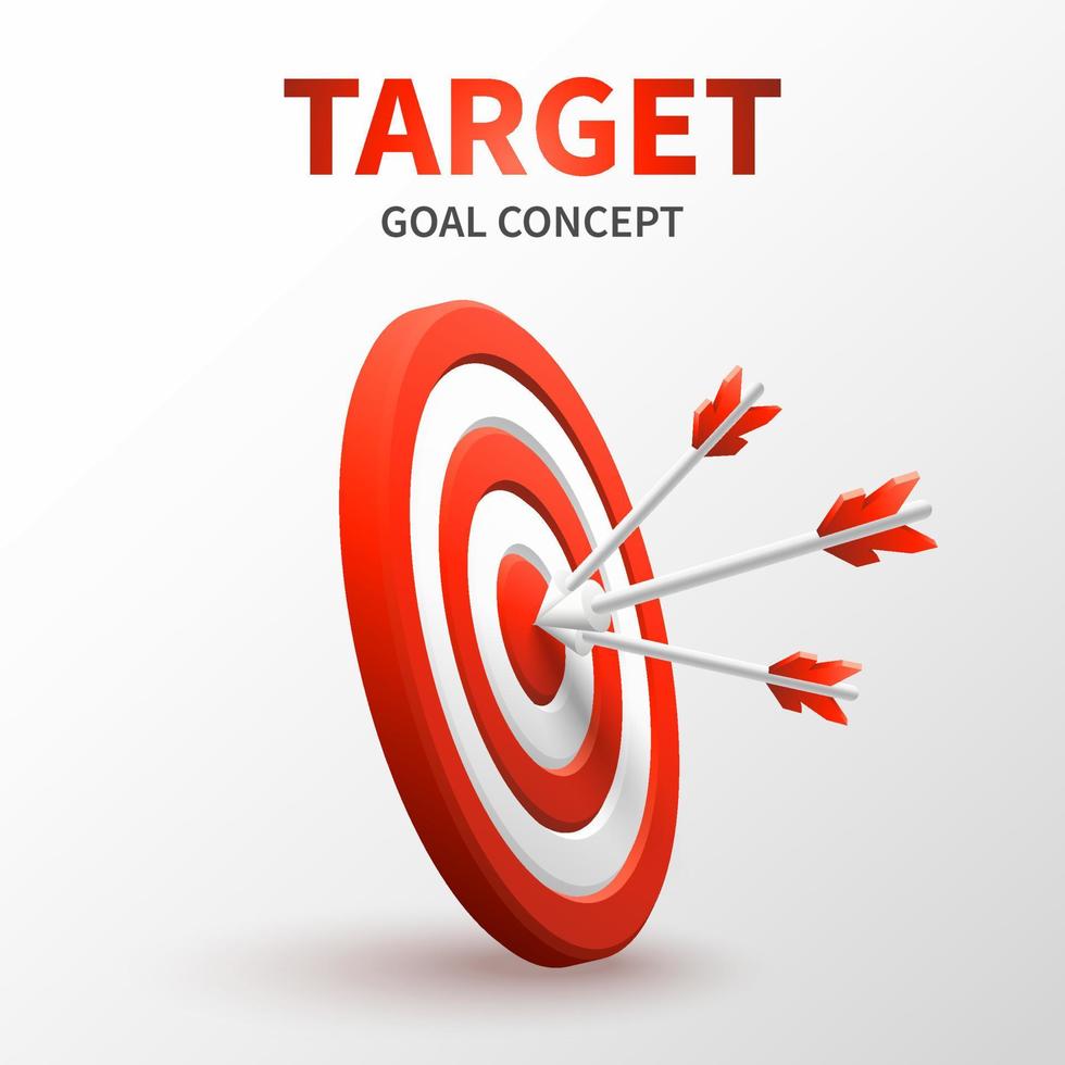 Marketing success concept. Targeting the business. Realistic 3d design red target and arrow in center. Game of darts. Vector banner design. Business finance, goal of success, target achievement.