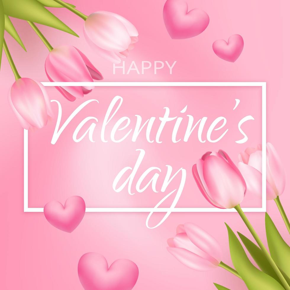 Valentines day sale pink romantic background with 3d realistic flowers,   tulips template. Realistic 3d hearts design. Vector illustration. For wallpaper, flyer, invitation, poster, brochure, banner.