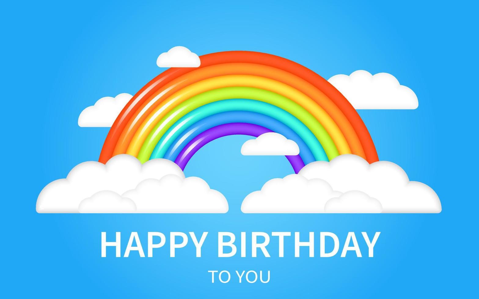 Beautiful summer 3d fluffy clouds in the blue sky with realistic 3d rainbow. Children vector illustration. Three dimensional style. Happy Birthday. Kids cartoon illustration for flyer or banner.