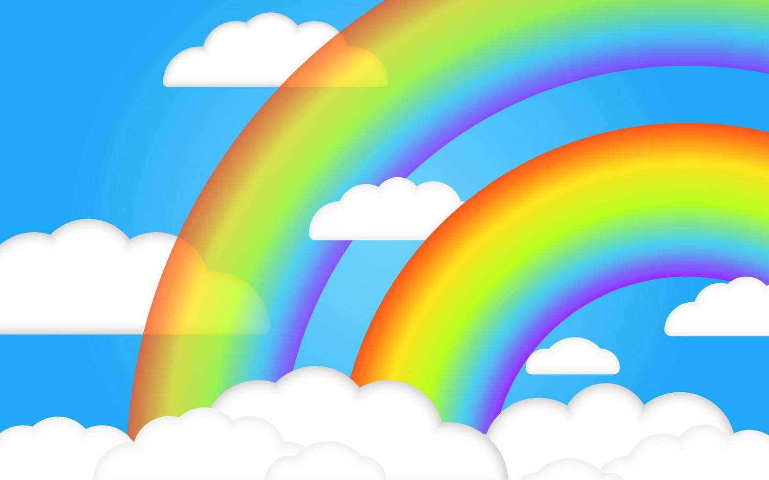 hermosas nubes 3d de verano en el cielo azul con arco iris 3d transparente realista. ilustración vectorial de niños. estilo tridimensional. lugar para el texto. ilustración de dibujos animados de niños para volante o pancarta. vector