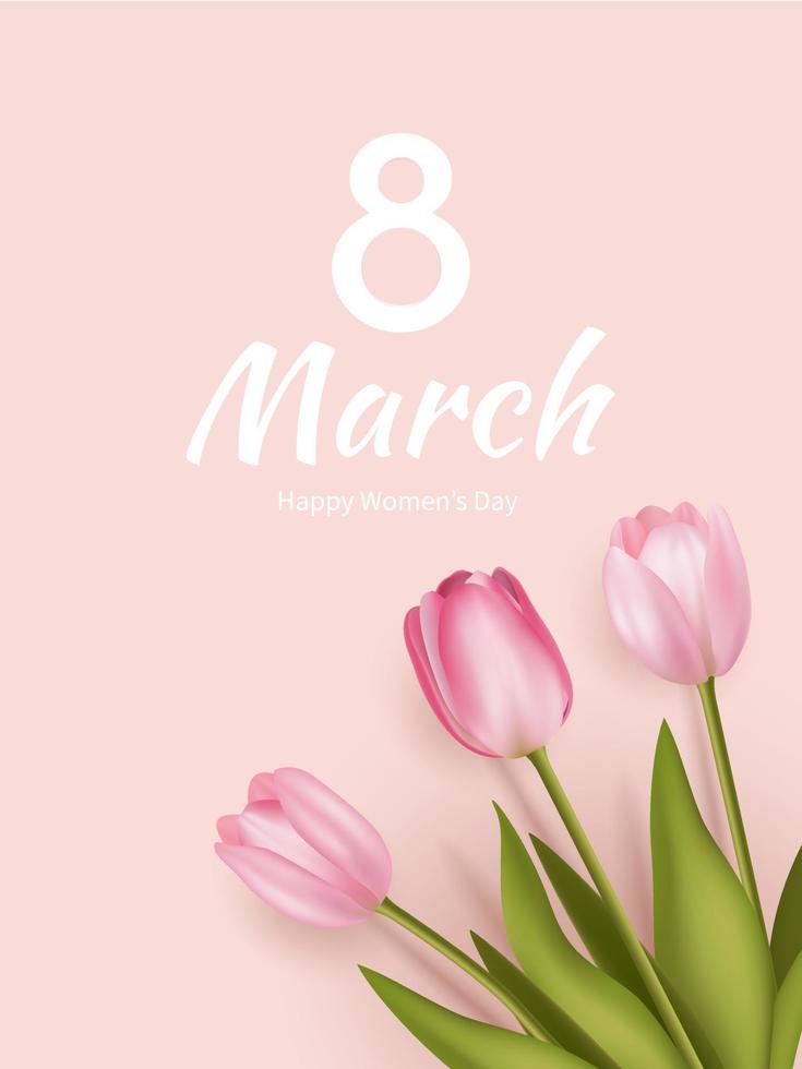 tarjeta de felicitación para el día de la mujer 8 de marzo. Ilustración de vector de tulipán rosa realista de flor de primavera. plantilla 3d de flores, fondo floral, folleto del día internacional de la mujer, diseño de banner moderno. rosa durazno