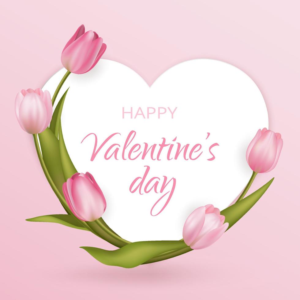 Greeting card for Valentine's Day, 14 February. Spring flower realistic pink tulip vector illustration. Heart shape white frame. Flowers template, floral background,  flyer, modern banner design.