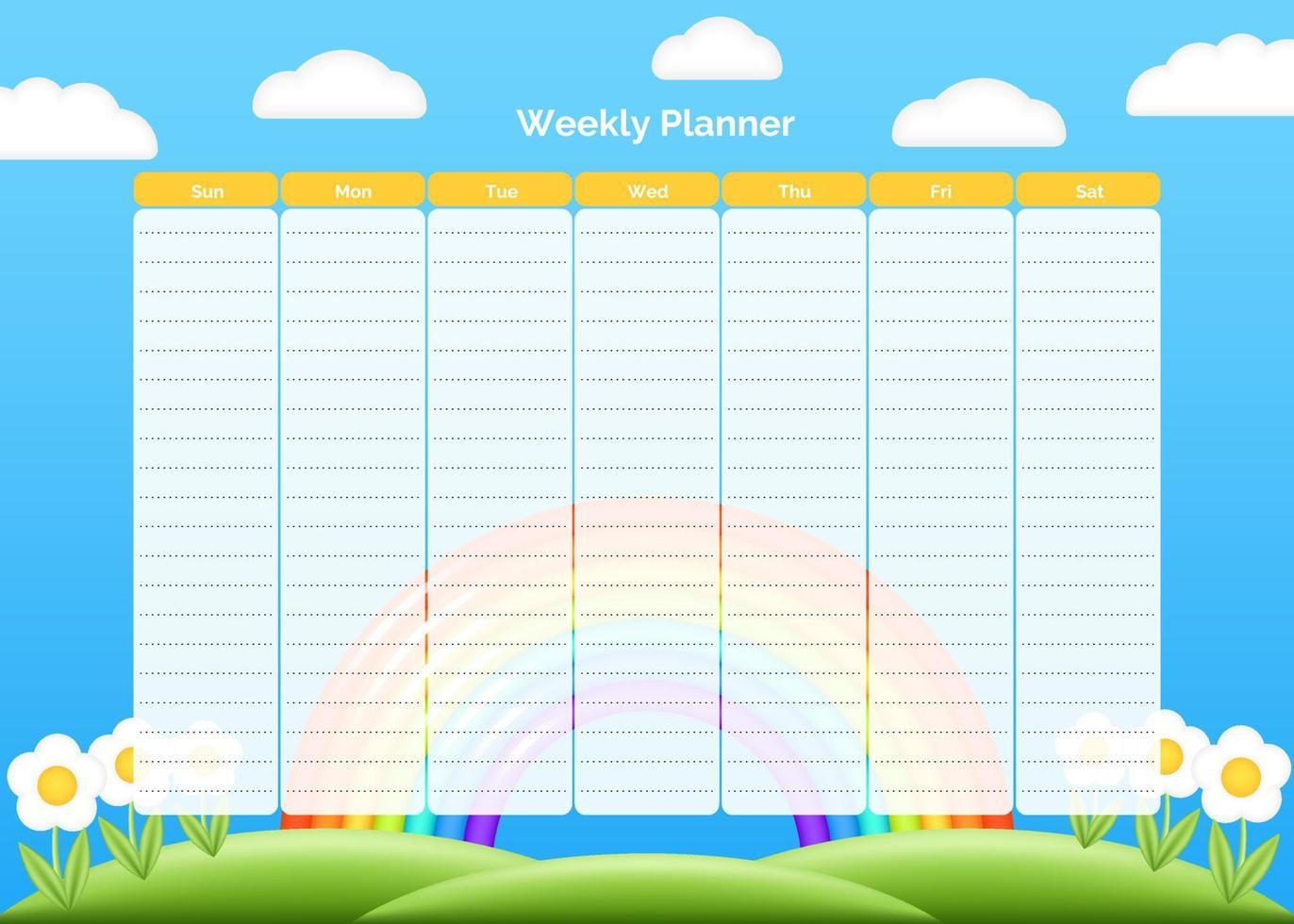 Vector weekly planner design template. Elegant cute blue spring kids organizer and notepad. Week calendar schedule printable to do list. Beautiful 3d clouds in blue sky with realistic 3d rainbow.