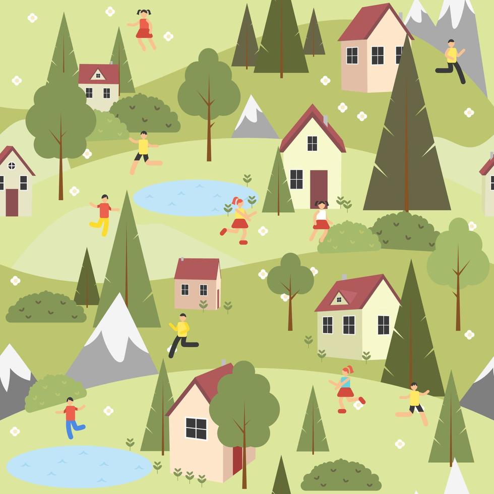 Seamless pattern vacation in the Countryside. Summer season outdoor landscape green grass cozy houses, people and lakes. Children playing. Flowers and gardening. Vector illustration.