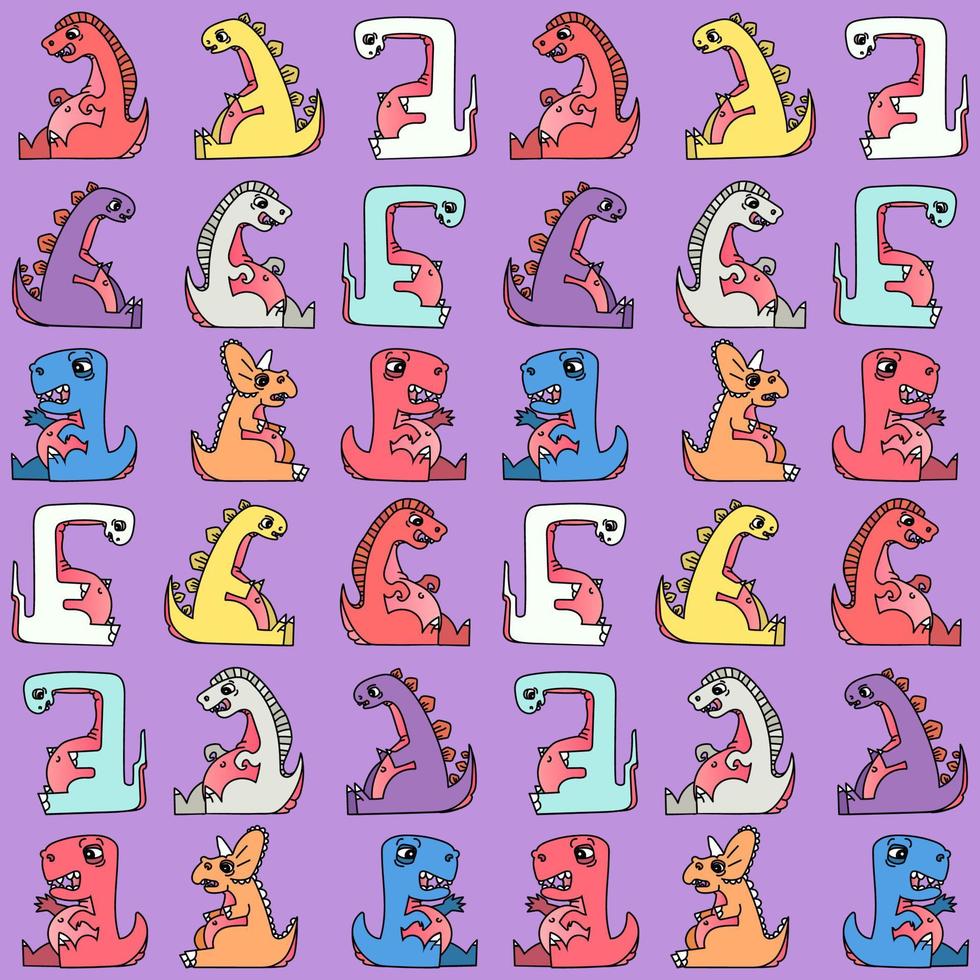 Vector seamless colorful repeating pattern with dinosaurs in cartoon comic style. Perfect for cards, invitations, parties, banners, kindergarten, baby shower, preschool and wallpaper room decoration.