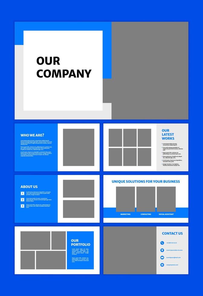 Set of modern powerpoint presentation template. Presentation design, portfolio vector templates with colorful trendy blue color in minimalism style. Slide page, flyer, website, company profile