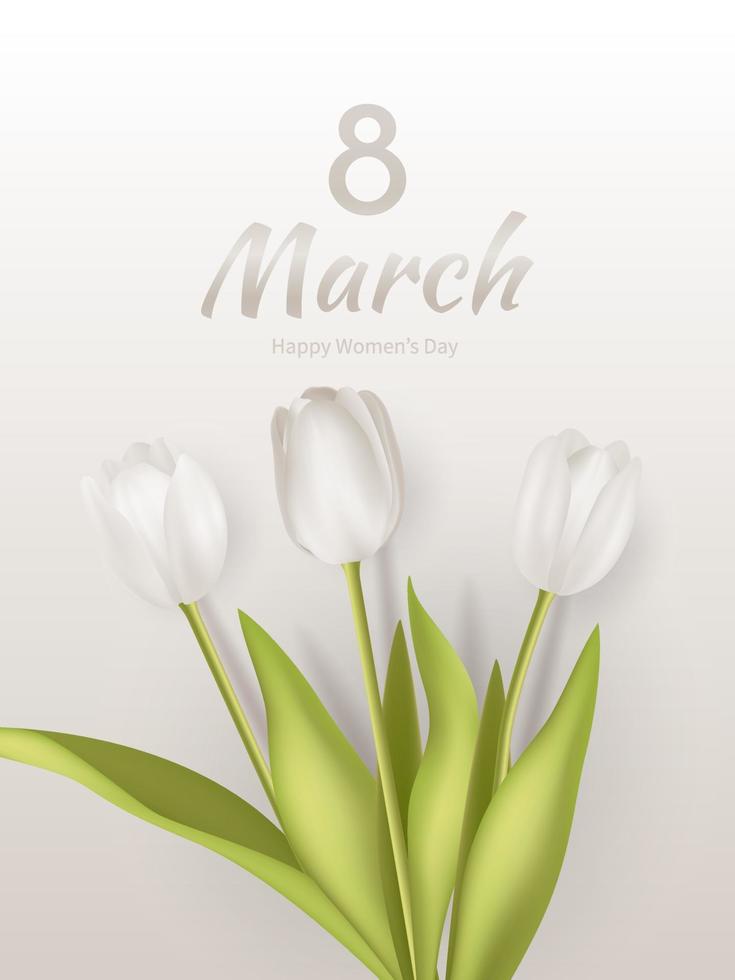 Banner de saludo del 8 de marzo, fondo de ramo de flores de tulipán realista blanco. cartel, volante, tarjeta de felicitación, ilustración de vector de encabezado de sitio web. plantilla para publicidad, web, color pastel de redes sociales.