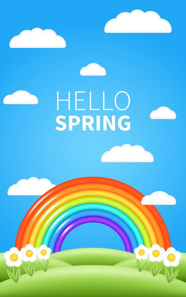 Hello spring. Beautiful spring landscape 3d clouds in blue sky with realistic 3d rainbow in the green meadow. With white flowers. Sale banner. vector