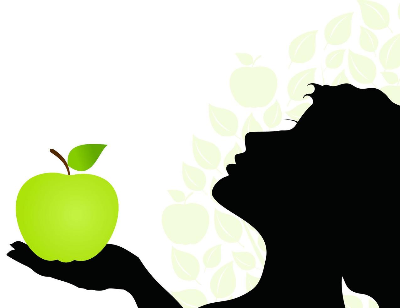 The woman holds a green apple in a hand. A vector illustration