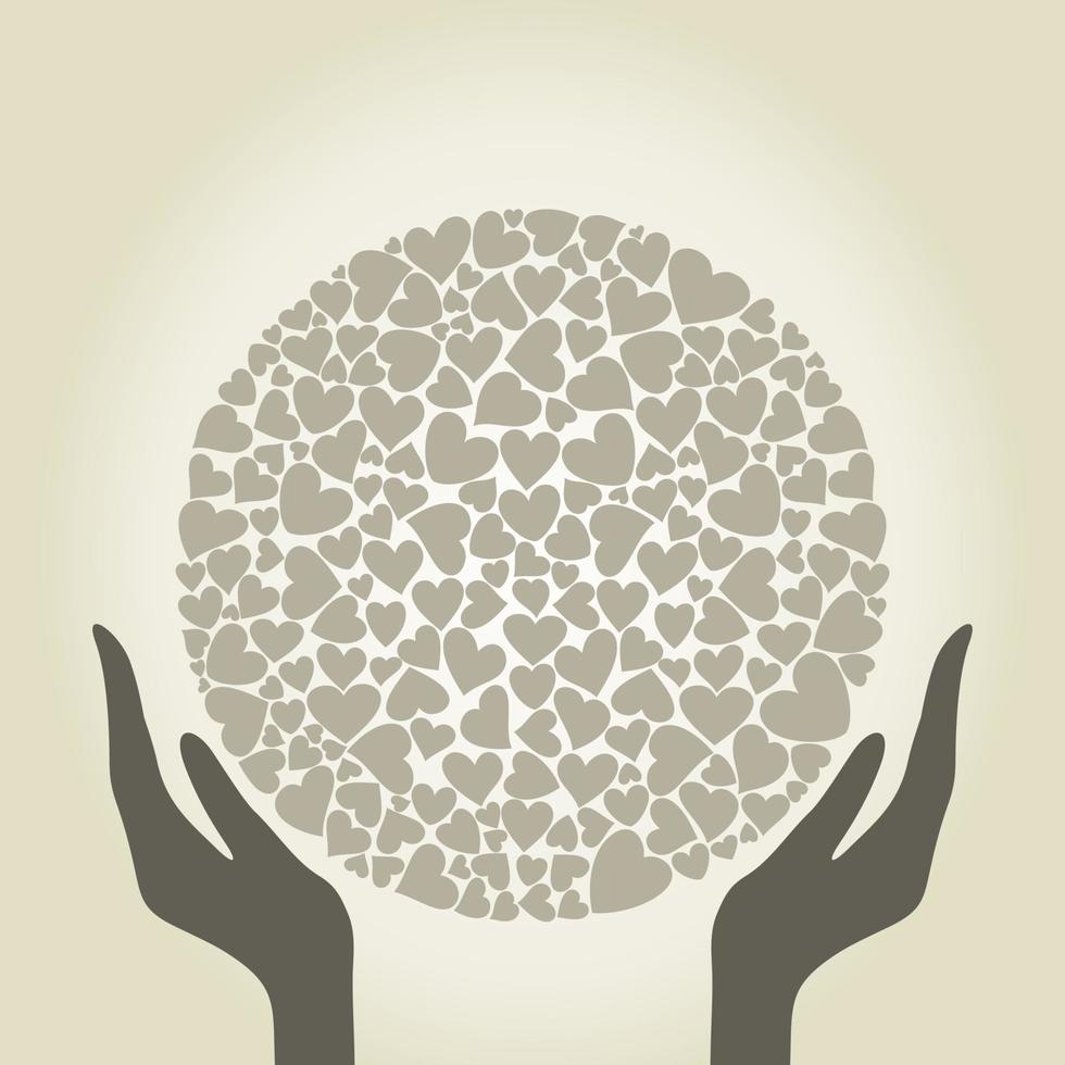 Hands hold a sphere from hearts. A vector illustration