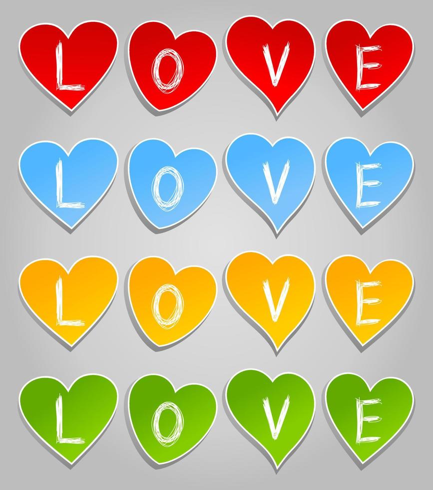 Inscription love on hearts of different colours. A vector illustration