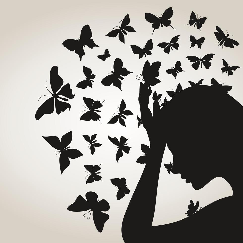 From a head of the girl the butterfly flies. A vector illustration