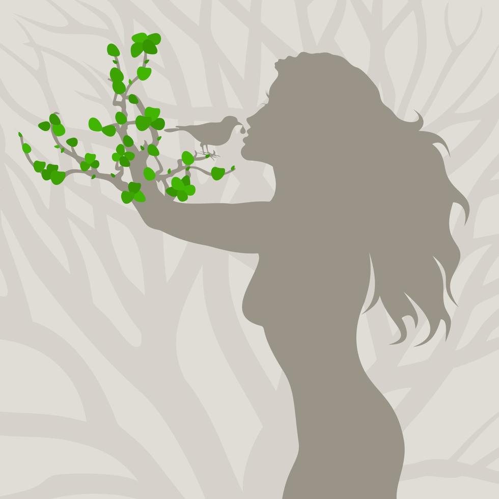 The girl a tree is given to drink by a bird. A vector illustration