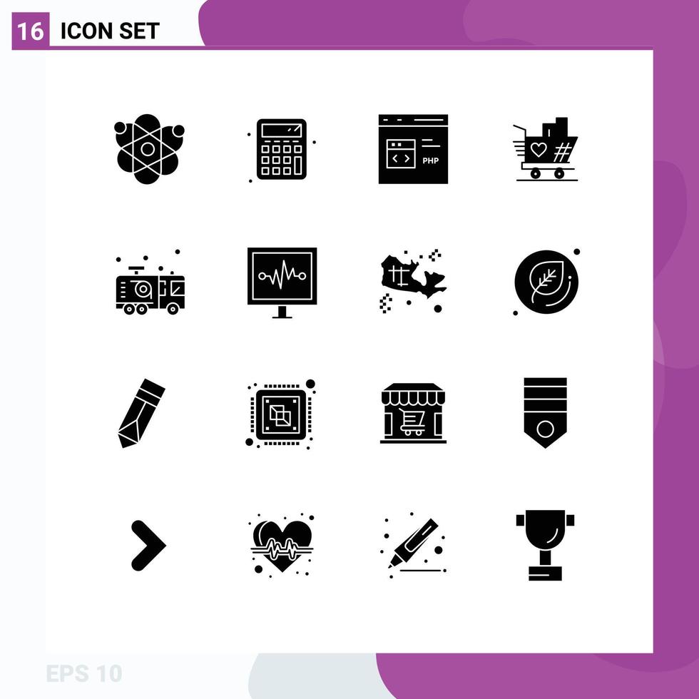Modern Set of 16 Solid Glyphs Pictograph of emergency heart coding weding trolly Editable Vector Design Elements