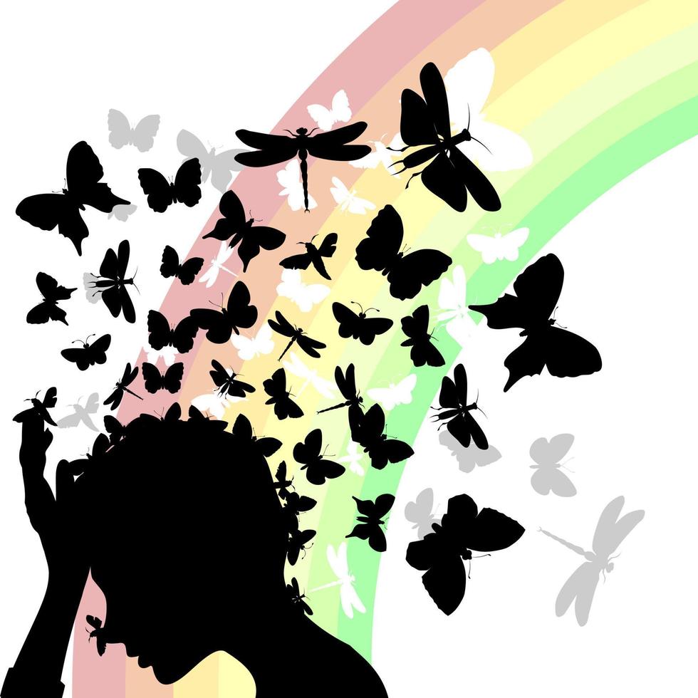 de la cabeza de la muchacha vuela la mariposa. una ilustración vectorial vector
