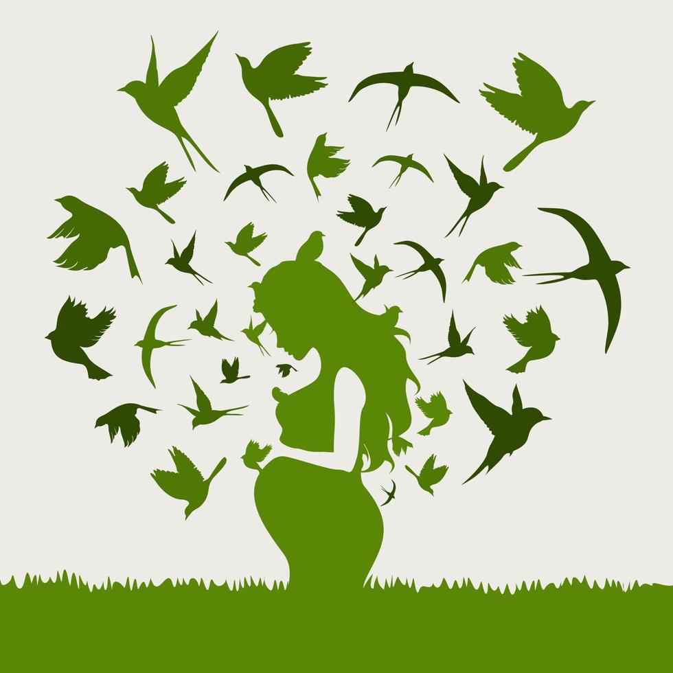From the pregnant woman birds take off. A vector illustration