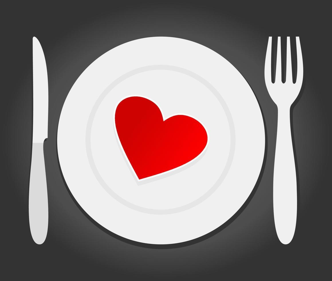 Red heart lays on a plate. A vector illustration