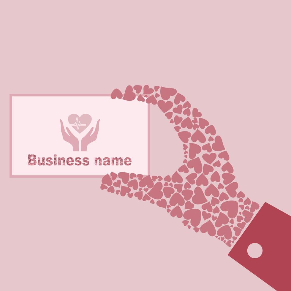 The hand from hearts holds business a card. A vector illustration