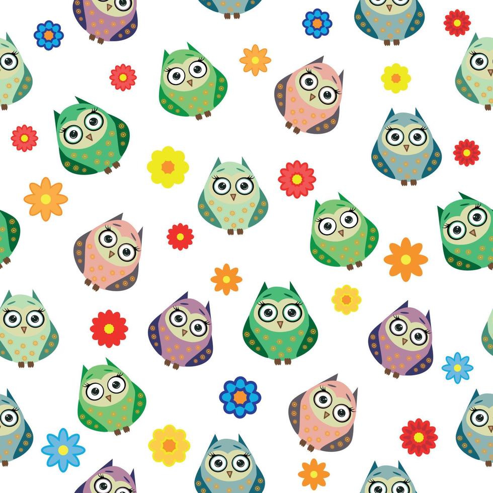 Cute multicolored owls and flowers in cartoon style, childish seamless pattern, newborn. Creative childish background for fabric, textile vector