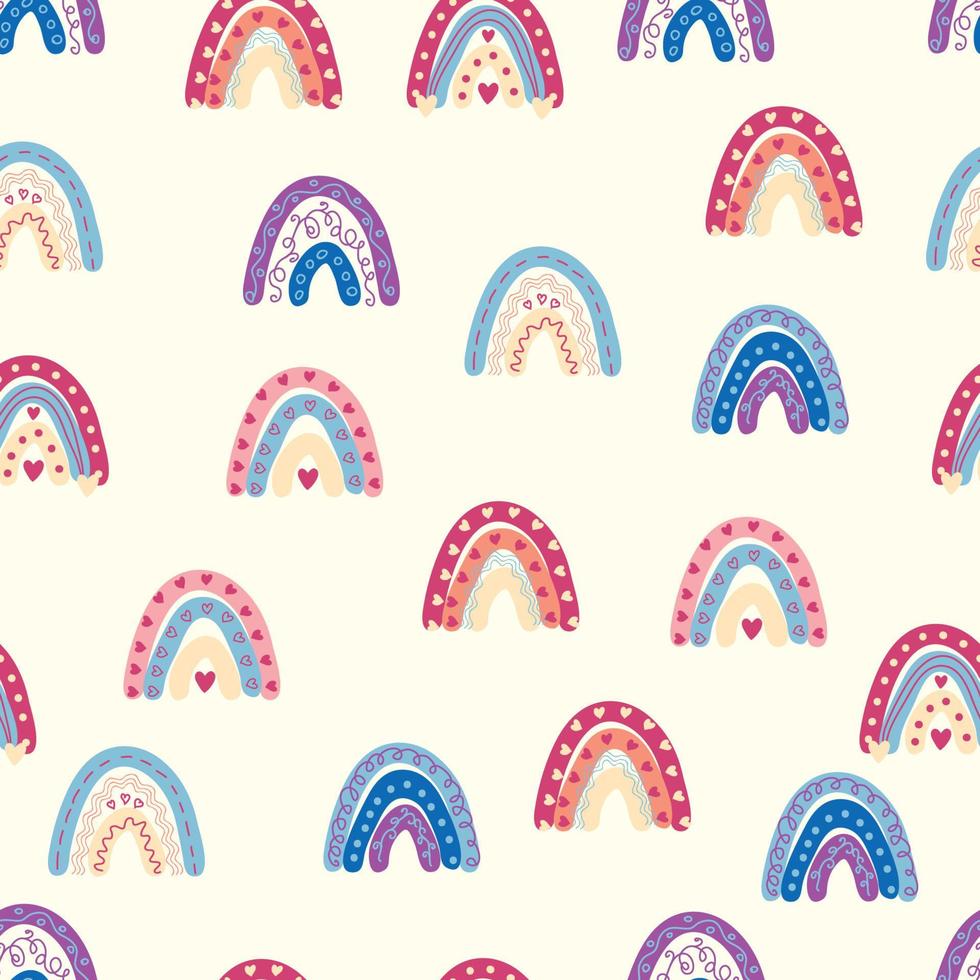 Rainbow seamless pattern in pastel colors. Scandinavian baby hand drawn illustration for textiles and newborn clothes. vector