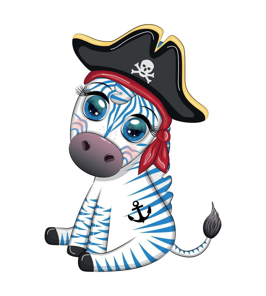 lindo pirata cebra con un sombrero de tres picos y un parche en el ojo. piratas y tesoros, islas y palmeras vector