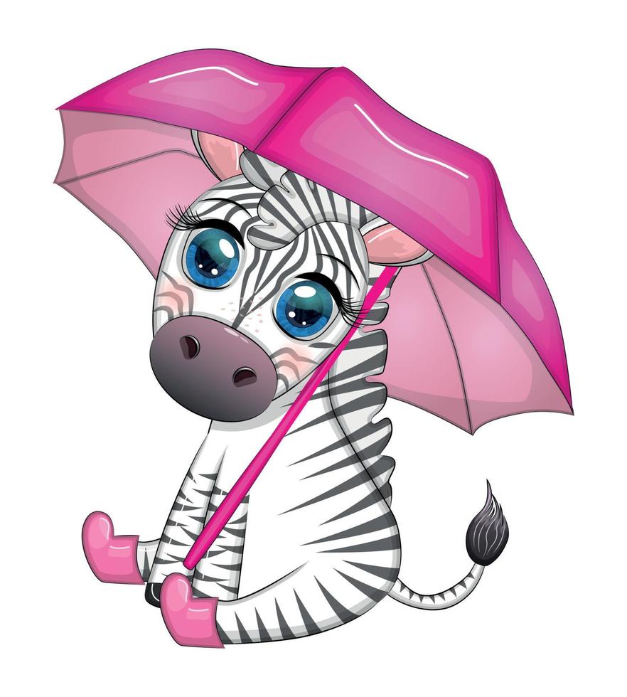 Striped zebra with umbrella, cute kid character. Autumn is coming, rain and yellow leaves vector