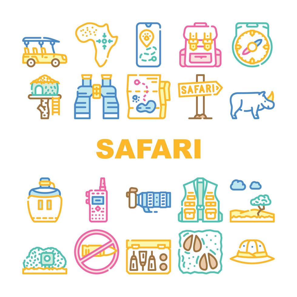 Safari African Hunting Vacation Icons Set Vector