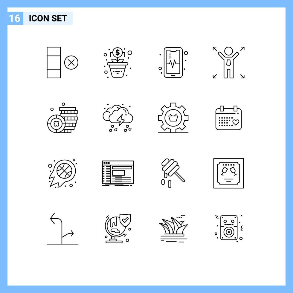 16 Universal Outline Signs Symbols of rain cloud beat money coin Editable Vector Design Elements