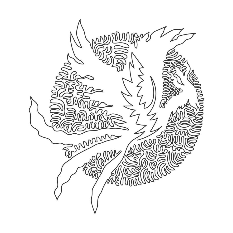 Continuous one curve line drawing of adorable phoenix abstract art in circle. Single line editable stroke vector illustration of ancient mythical bird for logo, wall decor and poster print decoration