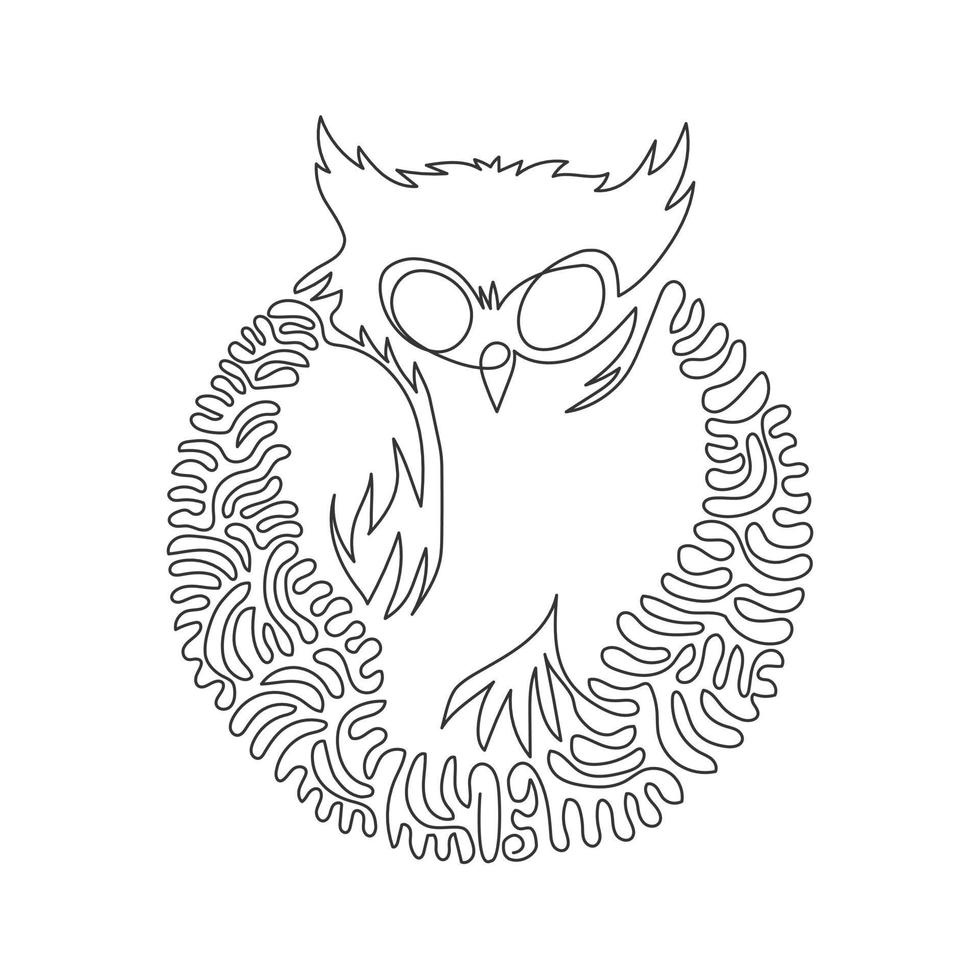 Single curly one line drawing of cute owl abstract art. Continuous line draw graphic design vector illustration of sharp talons to hunt for icon, symbol, company logo, poster wall decor