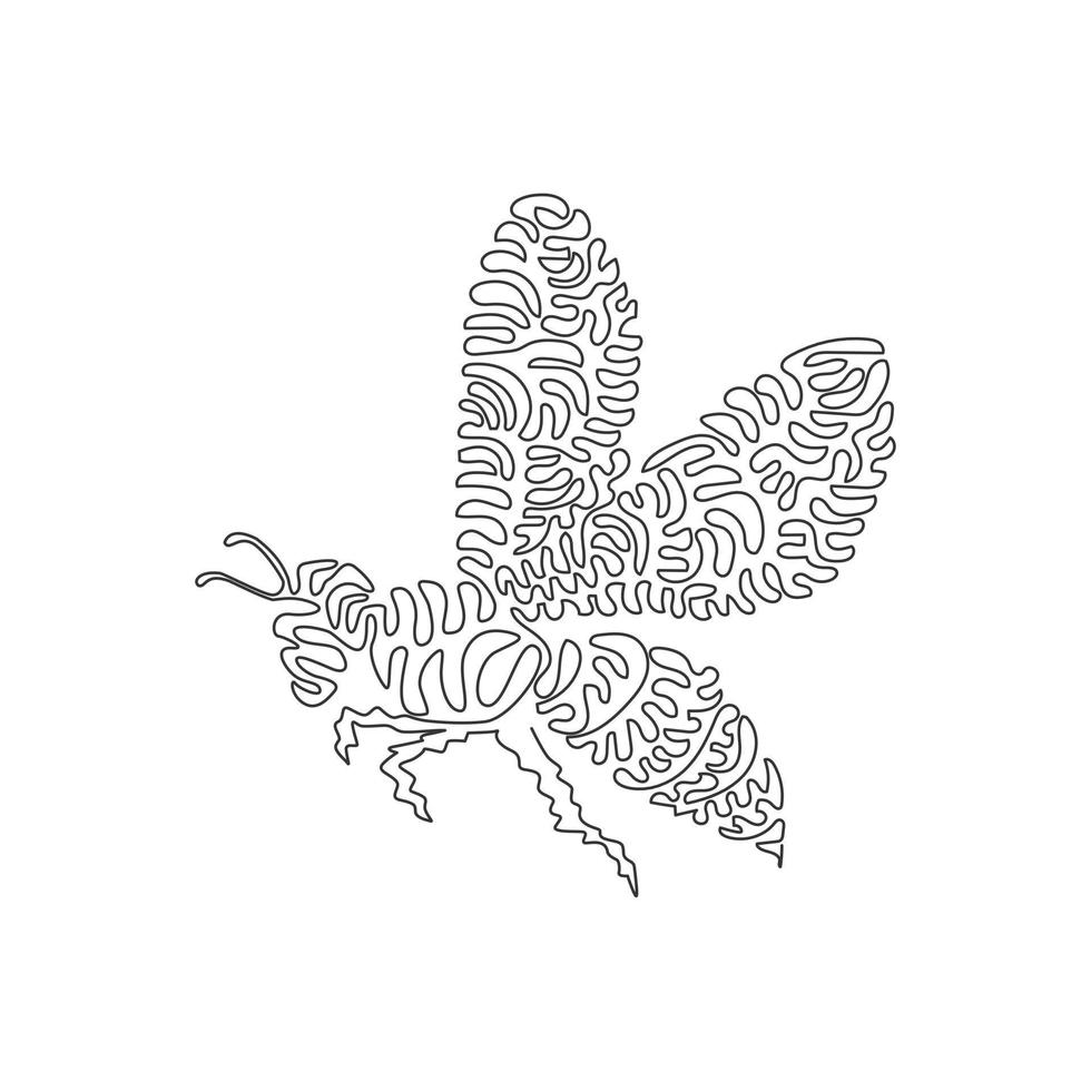 Single one curly line drawing of cute winged insects abstract art. Continuous line draw graphic design vector illustration of adorable bee for icon, symbol, company logo, and poster wall decor