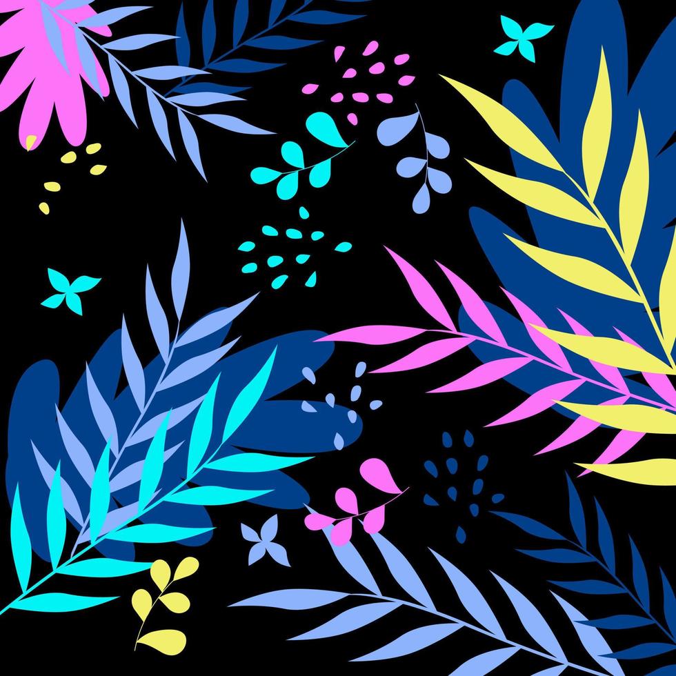 Exotic Leaves Plants Colorful Pattern Black Background Banner Template Design Vector