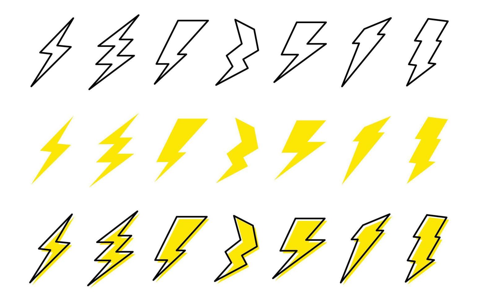 conjunto de dibujos animados de rayos. símbolo de electricidad signo de vector de carga.