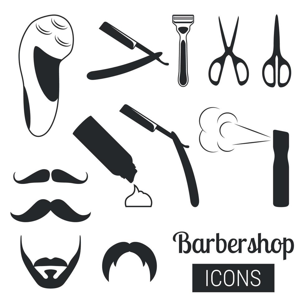 conjunto de iconos en una barbería temática, afeitado vector