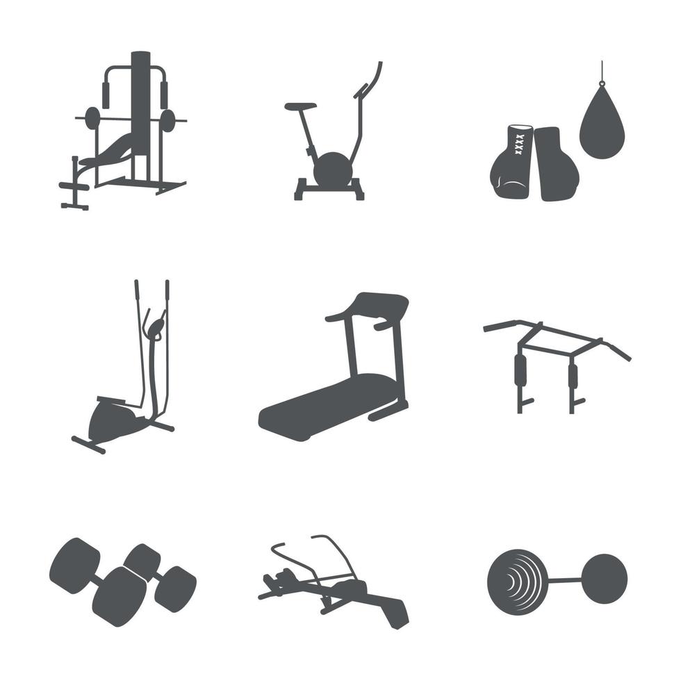 conjunto de iconos de silueta en elementos temáticos para el gimnasio vector