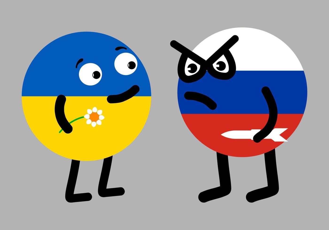 Country of Ukraine holding a chamomile looks kindly at the evil Russia holding a rocket. Two geopolitic characters opposite each other. Russian aggression against the Ukrainian peaceful nation. Vector