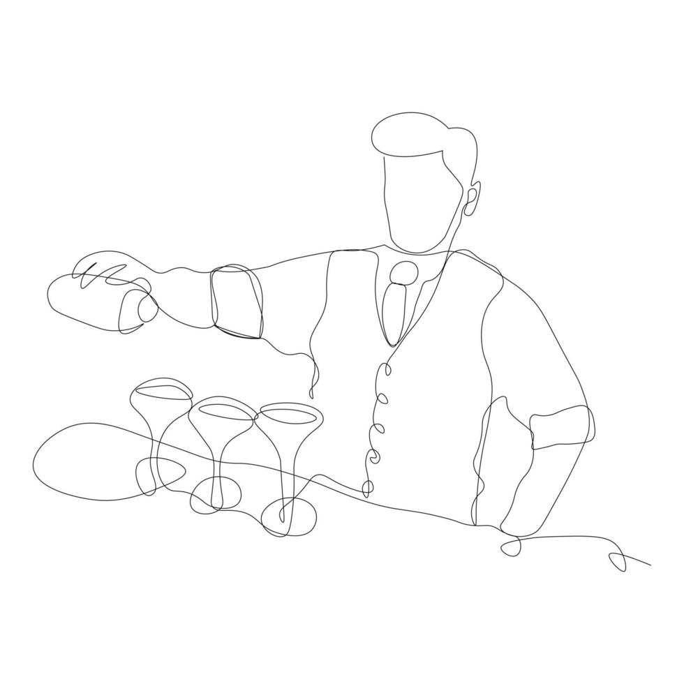 single drawn one line bartender Line art. vector