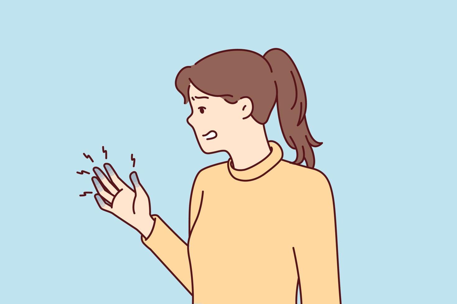 Depressed woman experiencing with blue fingers after injury or chronic illness tormented by pain. Unhappy girl who pinched hand needs help of doctor or healing ointment. Flat vector illustration