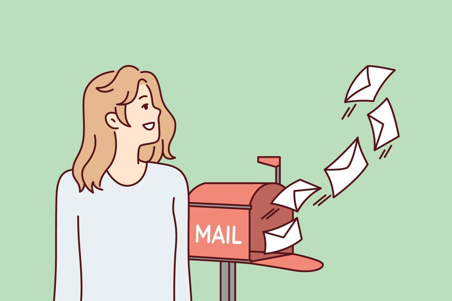 Woman with smile looks at letters flying out of street mailbox, rejoicing at fast delivery of postal items. Cheerful girl receiving many messages from boyfriend or friends. Flat vector illustration