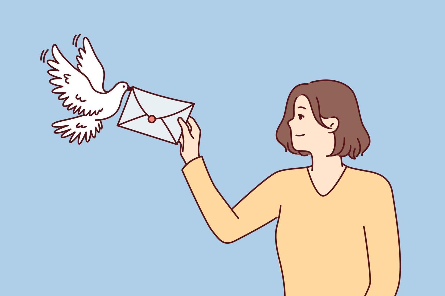 Smiling woman holds out envelope to pigeon to deliver message to boyfriend or friends. Optimistic caucasian girl uses deep mail trusting bird important letter. Flat vector illustration