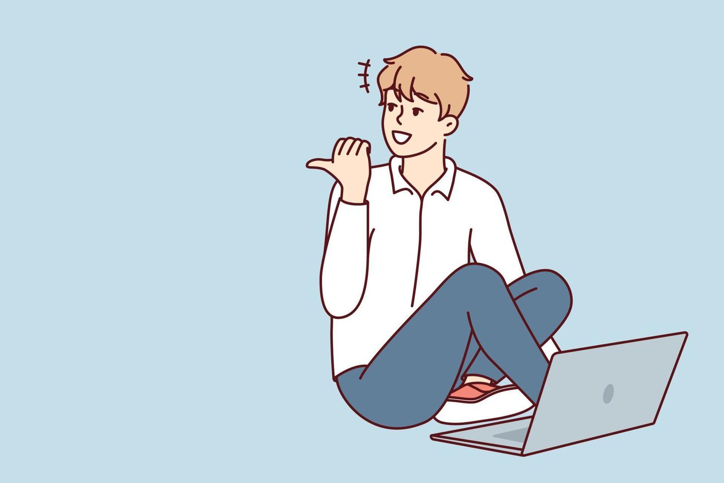 Man sitting on floor with laptop and looking back pointing finger doing college assignment. Casual guy freelancer enjoys remote work for internet companies or start-ups. Flat vector design