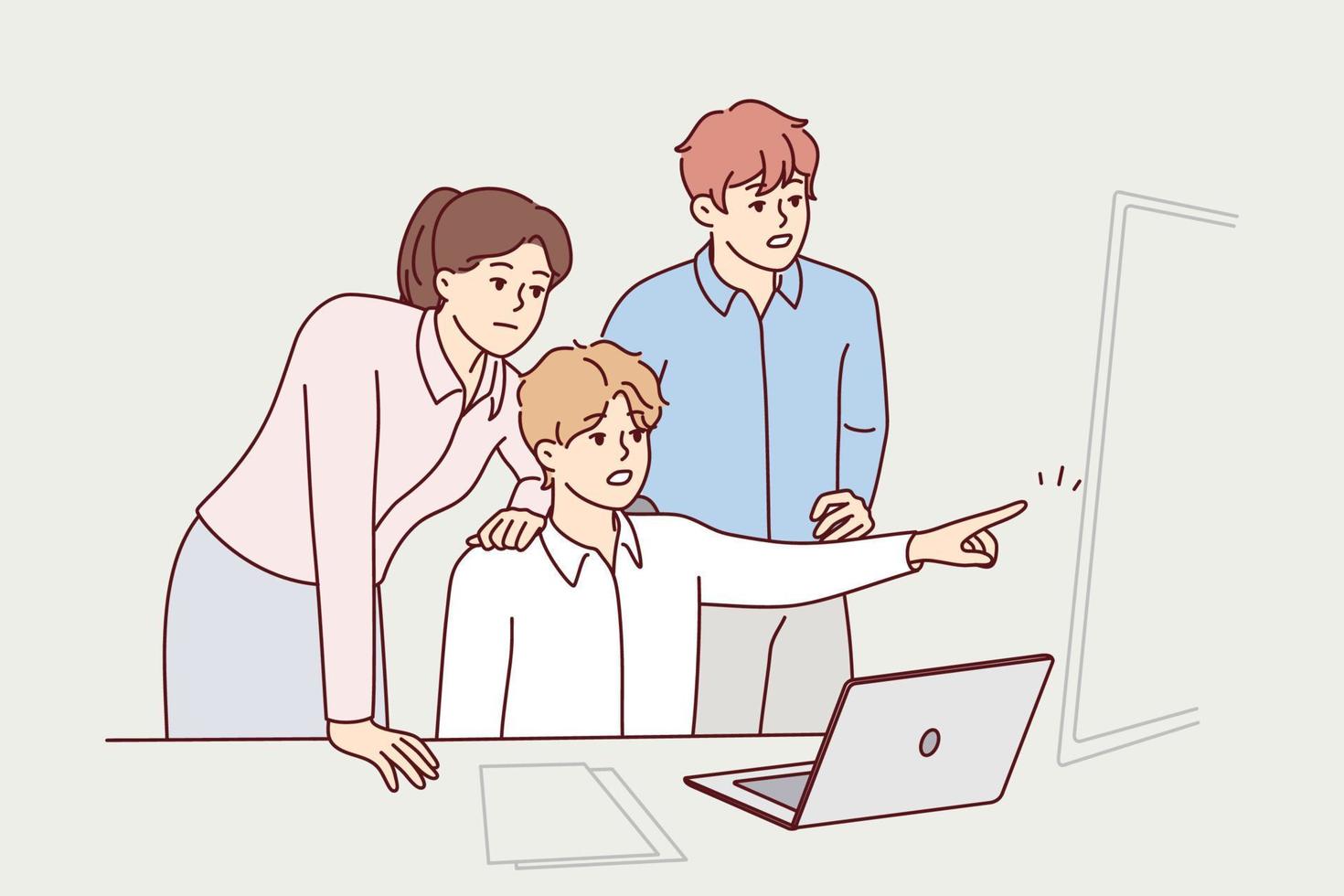 Teenage boy with afraid face points finger at window drawing attention parents to threatening person. Man and woman are standing near frightened son sitting at table with laptop. Flat vector design