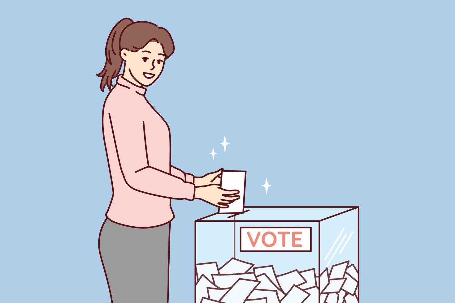 Woman throws ballot into glass box casting vote for presidential or congressional candidate. girl shows civil position by taking part in elections of political course of state. Flat vector design